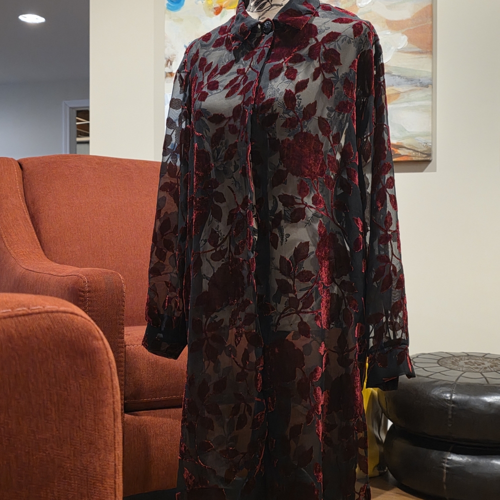 Jessica Howard Red and Black Sheer Floral Blouse